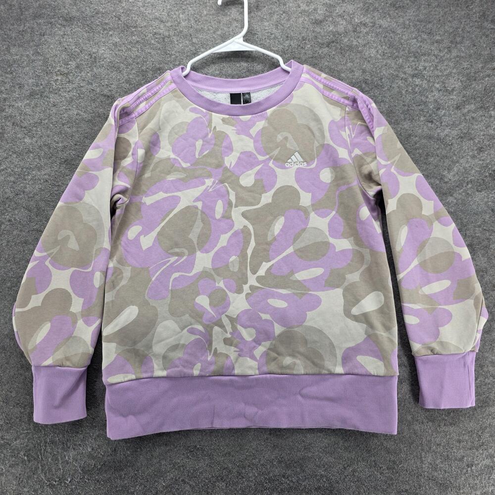 Adidas Sweatshirt Womens M Purple Pullover Crew Neck Fleece Floral Logo